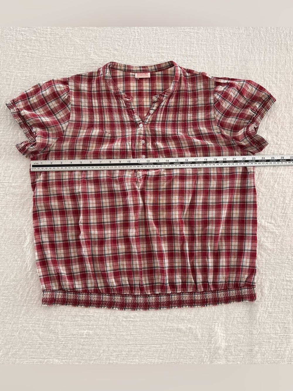 Mossimo Women’s Small Red White Plaid Short-Sleeve 3/4 Button Neck Cotton Top - Picture 6 of 6